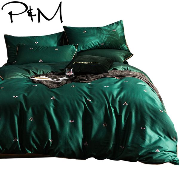 Little Bees Print Egyptian Cotton Fabric Bedding Set Queen Size Green Duvet Cover Flat Sheet Pillowcase Covers White From