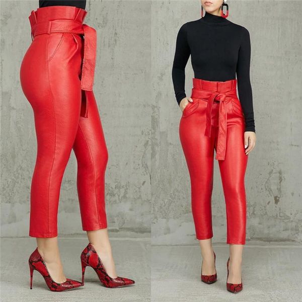 

women new sashes high wasit ruffles faux leather pu ankle length pencil skinny pants fashion red black trousers cx093, Black;white