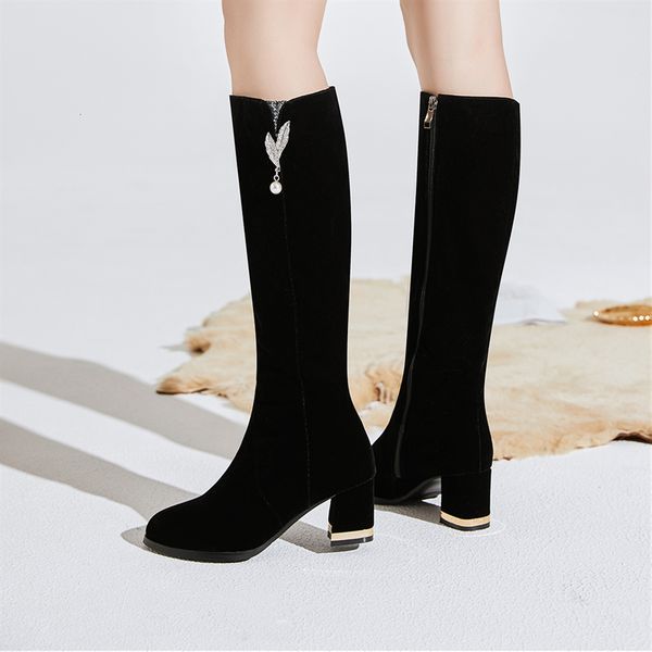 

plus size 34-43 2020 fashion high heels women knee high boots nubuck leather office ladies dress shoes autumn winter boots woman t191101, Black