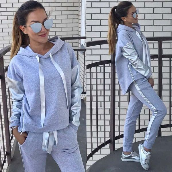 

hooded sweatshirts women casual sporting suit two piece set autumn stitching hoodie+pants tracksuit for women, Gray