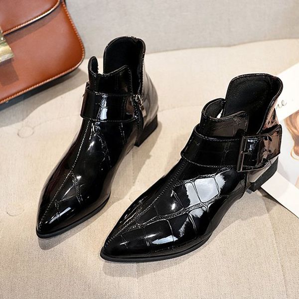 

hee grang 2019 spirng new fashion pu ankle solid boots with pointed toe zipper rubber women shoes with square heel xwx7318, Black