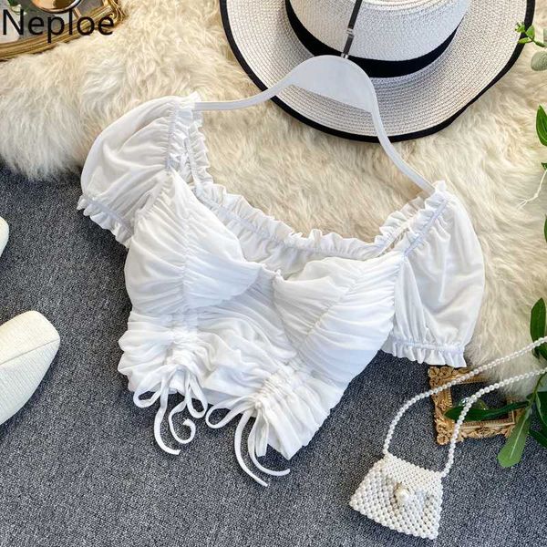 

neploe ins puff sleeve blouse women solid ruffle high waist short crop belly-button square collar female shirts 1a156, White