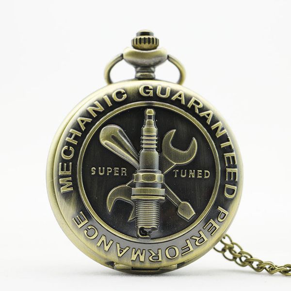 

bronze vintage car crew tool mechanic guaranteed performance super tuned quartz analog pocket watch with necklace chain gift, Slivery;golden