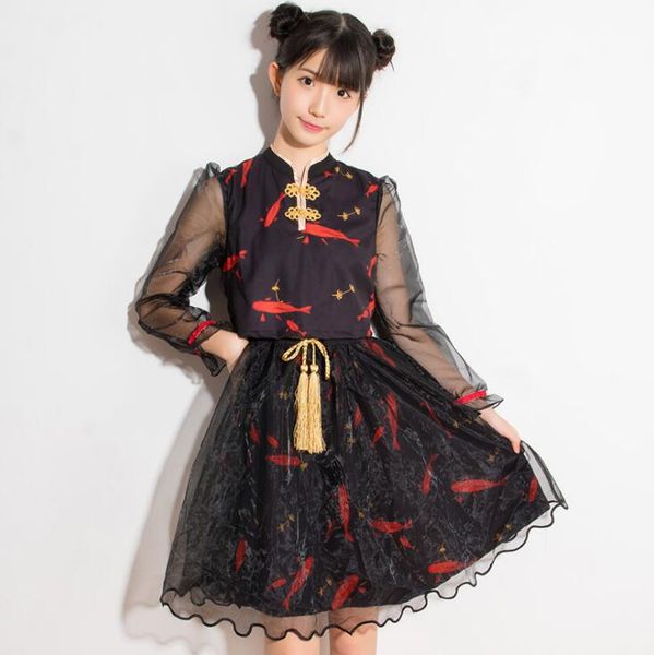 

chinese style sweet lolita dress vintage stand flare sleeve cute printing victorian dress kawaii girl gothic lolita op loli cos, Black;red