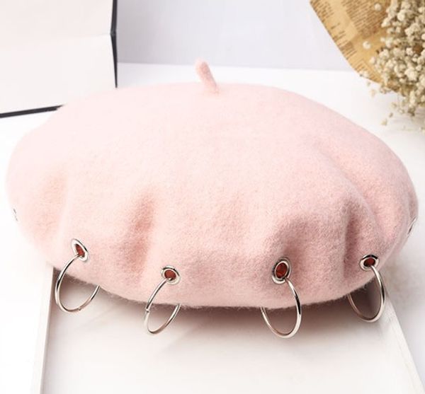 

vintage women wool beret hat hip hop punk metal ring hoop beret flat cap elegant female french hats autumn winter baret, Blue;gray