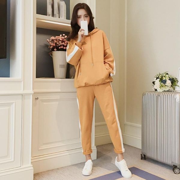 

new elastic waistline women tracksuit side striped loose two piece set casual pocket hoodies pant motion outfit, Gray