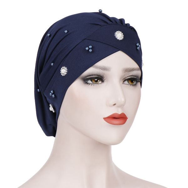 

muslim womens cotton bandana bead forehead turban hat cancer chemo beanies hair cover headwear hair loss accessories, Blue;gray