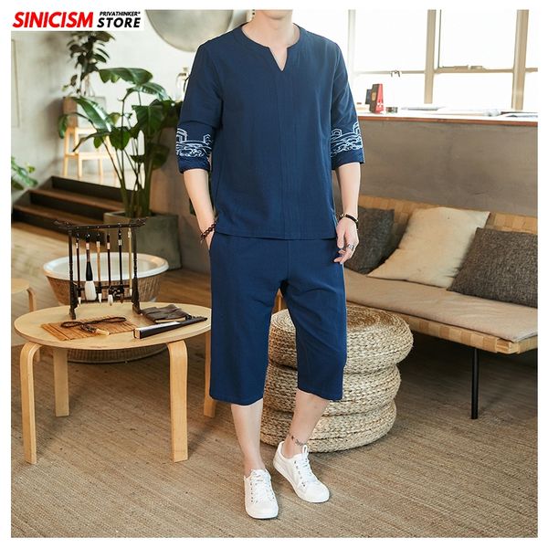 

sinicism магазин мужские наборы вышивка китайский стиль футболки летние свободные спортивный костюм мужские 2020 свободные хлопок белье кост, Gray