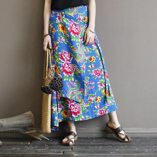 

qpfjqd retro floral print skirts straight mid-calf length female clothes spring fall casual loose lady girls skirt empire waist, Black
