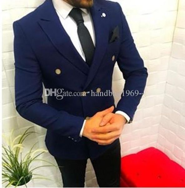 

double-breasted navy blue groom tuxedos peak lapel groomsmen mens suits wedding/prom/dinner blazer (jacket+pants+tie) k336, Black;gray