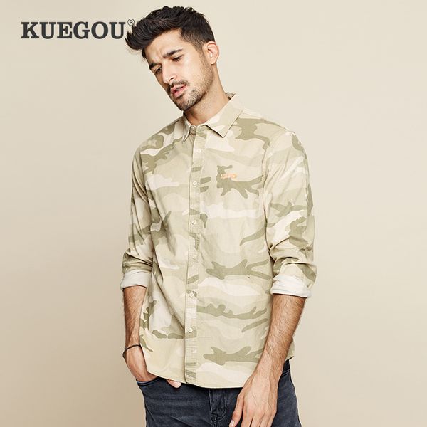 

kuegou 2019 autumn 100% cotton camouflage embroidery shirt men dress casual slim fit long sleeve for male fashion blouse 5150, White;black