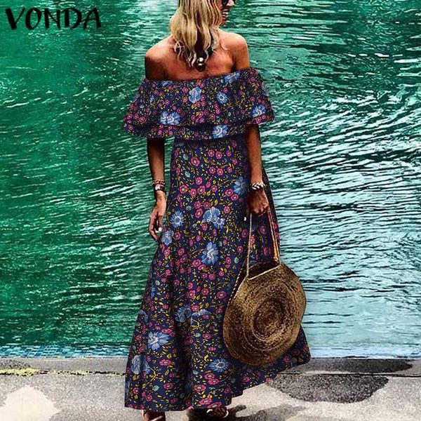 

casual dresses vonda women maix long dress 2021 summer vintage printed party vestidos plus size bohemian sundress femme robe 5xl, Black;gray