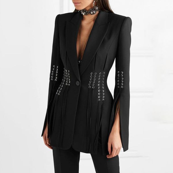 

2019 new arrival autumn lace up split blazer for women notched collar long sleeve elegant coat, White;black