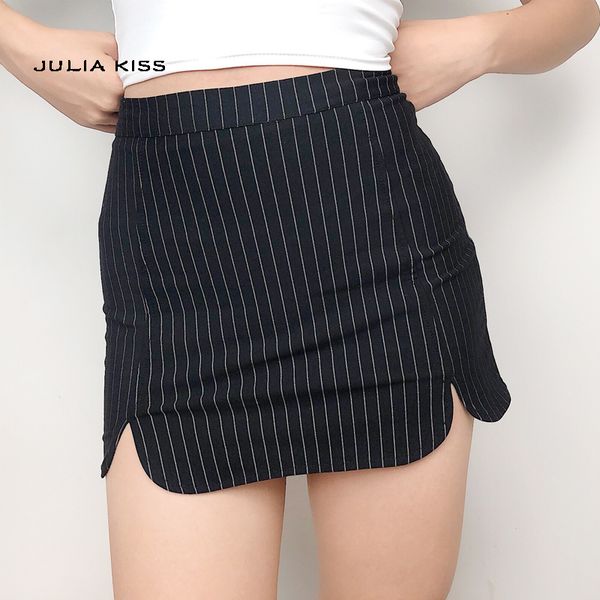 

women striped mini skirt with double split, Black