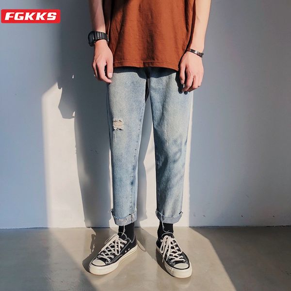 

fgkks fashion brand men hole jeans summer high street men's comfortable casual ankle-length pants retro wild straight jeans male, Blue