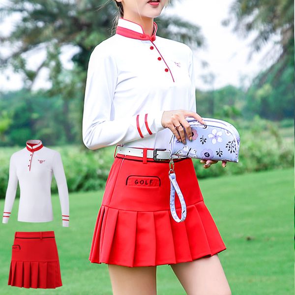 

pgm women slimming fitness golf skirt sets fit comfort sportswear long sleeved shirts pleated skirt golf apparel sets d0493, Black;blue
