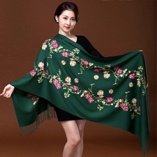 

new green embroider flower cashmere scarf for women winter warm long tassels scarf shawl fashion shawl scarves warps, Blue;gray