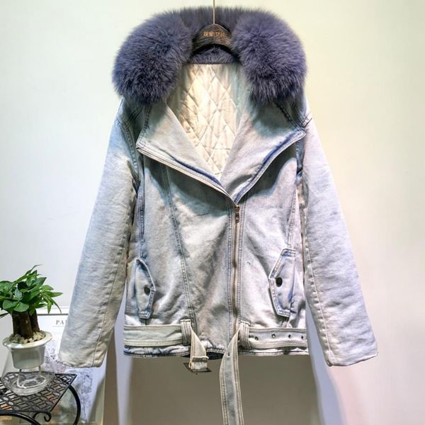 

winter fashion thicker warm real fur collar coat + real down cotton liner denim jacket female thick fur outwear f793, Black