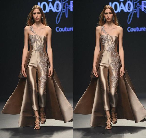 

krikor jabotian evening dresses jumpsuit with long skirt one shoulder new formal party dress lace appliqued beads pageant prom gowns, Black;red