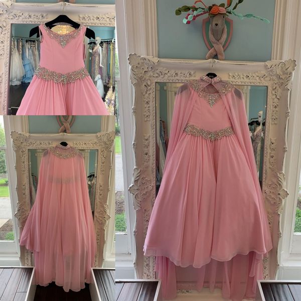 Abiti da spettacolo in chiffon rosa per adolescenti 2022 con strass avvolgenti Bling Abiti lunghi da spettacolo Bambine Cerniera posteriore Festa formale rosie