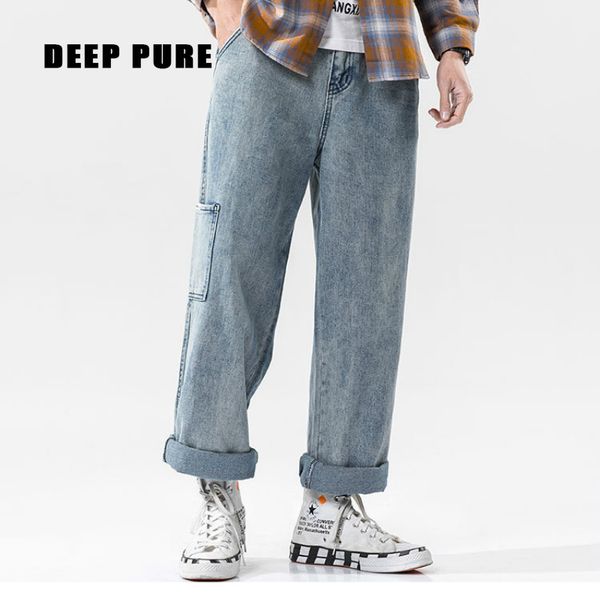 

негабаритные мужчины джинсы уличная полнометражная широких ноги шаровары омывается джинсовый карман, Blue