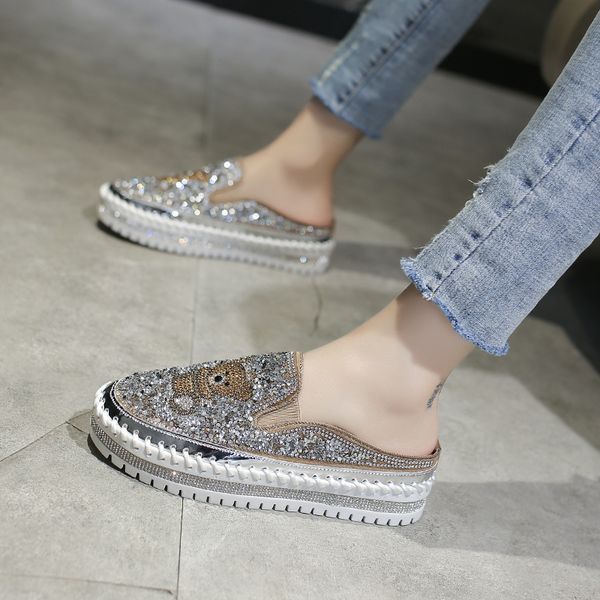 

shiny sequined rhinestone platform slippers women summer shoes cute bear thick sole women sandals trendy female platform shoes, Black