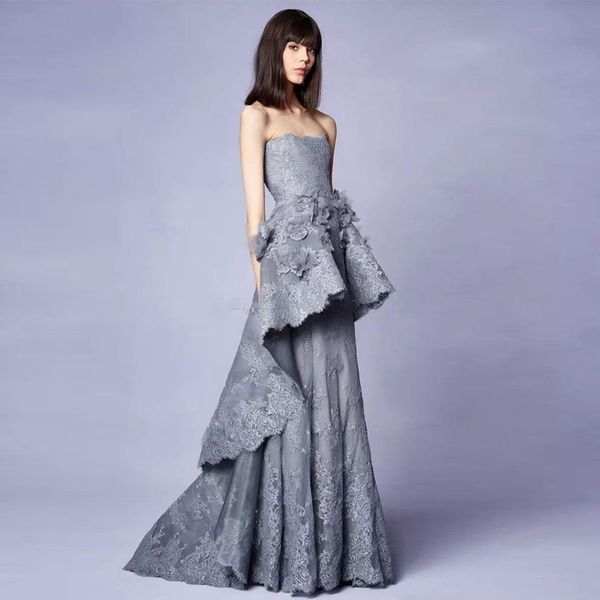 

elegant gray strapless tiered lace formal evening gown applique peplum ruffle zipper back floor length women's party gown, Black;red