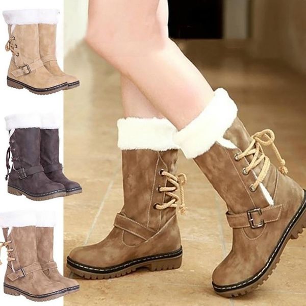

lasperal winter shoes women snow boots 2019 new buckle lace-up solid mid-calf white wool thick chunky boot warm women's shoes, Black