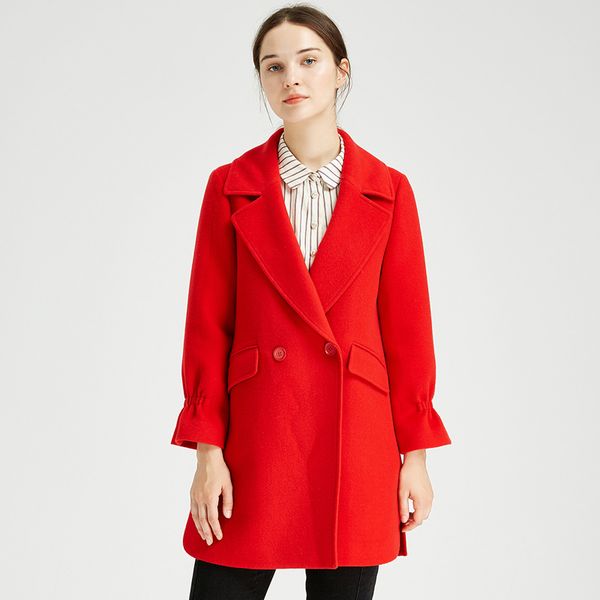 

women's woolen wool coat new red lapel double breasted, Black