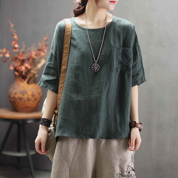 

johnature new style embroidery women t-shirt 2019 summer plus size loose wild round neck three quarter sleeve ladies t-shirt, White
