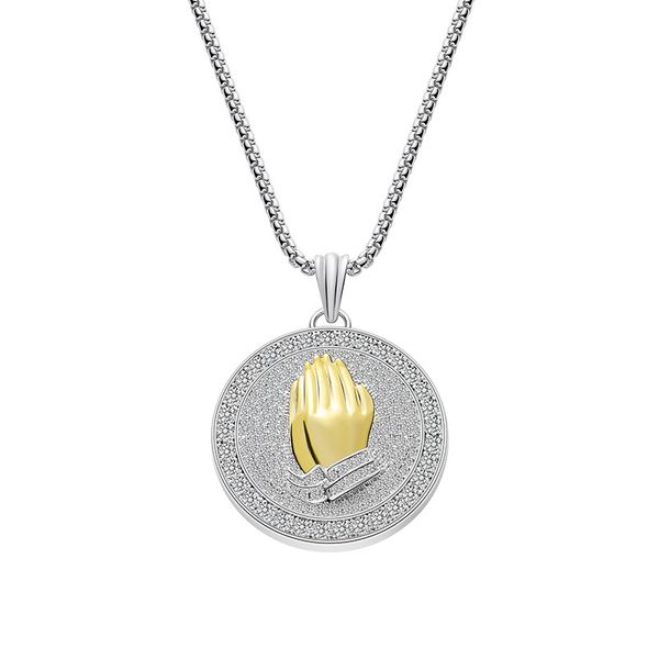 

2020 fashion necklace round hands thanksgiving prayer redemption pendant crystal zircon metal men and women hip hop jewelry, Silver