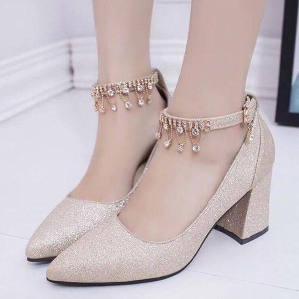 

elegant ladies heels gold silver pumps pointed toe square heel high heels bead ankle ankle strap wedding party women shoes, Black