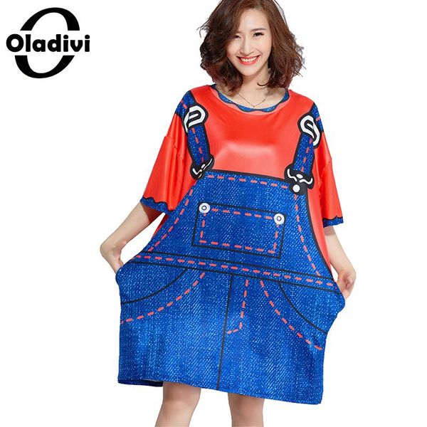 

oladivi plus size women clothing 3d appron print shirt dress ladies casual loose short dresses summer tees female tunic vestidos, Black;gray