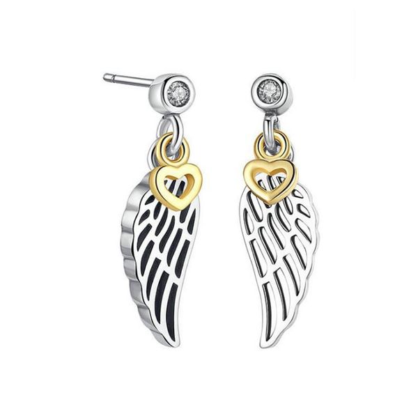 

angel wings stud earrings 100% sterling silver plated 18k gold with cz diamonds for pandora womens stud earrings with box, Golden;silver