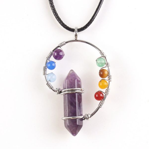 

fyjs unique silver plated wire with colorful beads natural amethysts hexagon column stone pendant necklace chakra jewelry