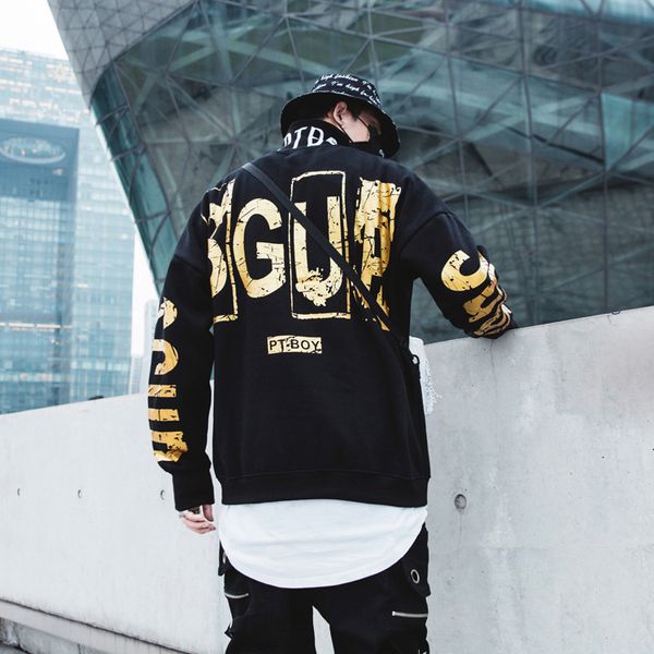 

men's wear 2019 autumn long sleeve high street hip hop loose printing hair circle stand lead sweater, Black