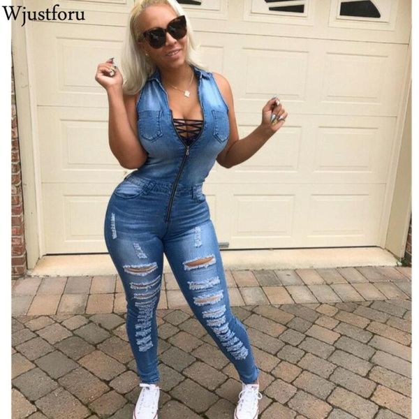 

wjustforu skinny ripped denim jumpsuit women sleeveless casual zipper hole jean jumpsuit female bodysuit fashion denim bodysuit, Black;white