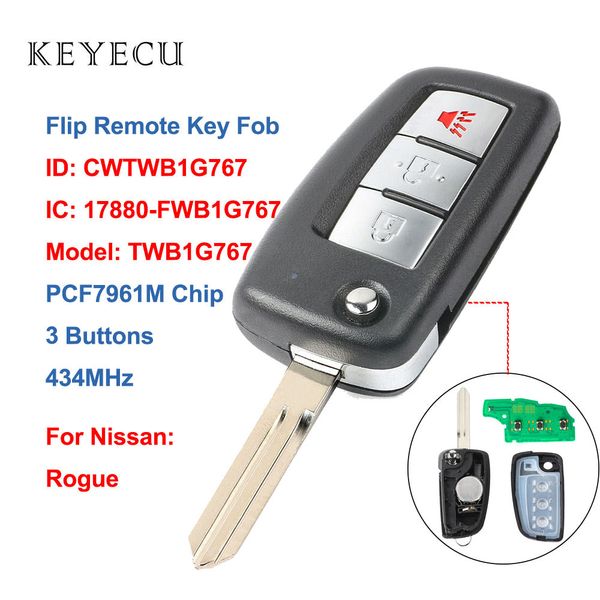 

keyecu cwtwb1g767 flip car remote key fob 3 buttons 434mhz pcf7961m chip for rogue 2014 2015 2016 2017 2018
