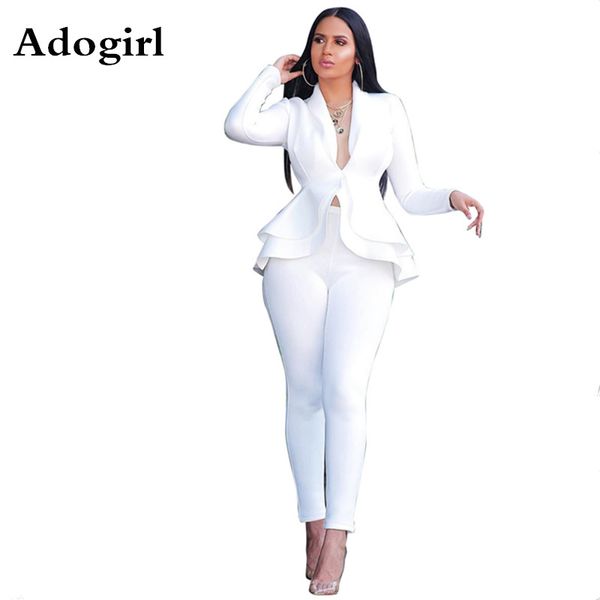 

adogirl women winter women's set tracksuit full sleeve ruffles blazers +pencil pants suit two piece set office lady outfits, White;black
