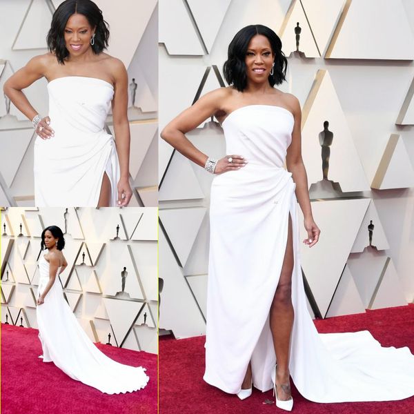 

2019 oscar white prom dresses strapless sheath formal evening gowns backless front split special occasion party gowns cheap, Black