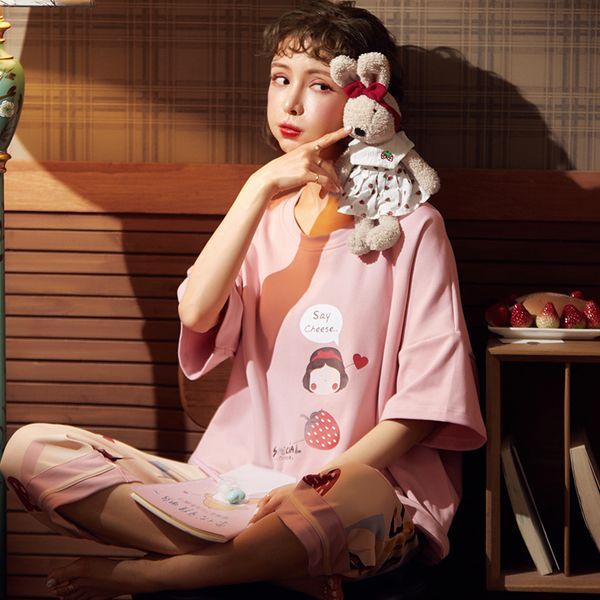 

cotton loose nightwear suit female casual homewear pajama set for women short sleeve printed breathable pijama mujer femme, Black;red