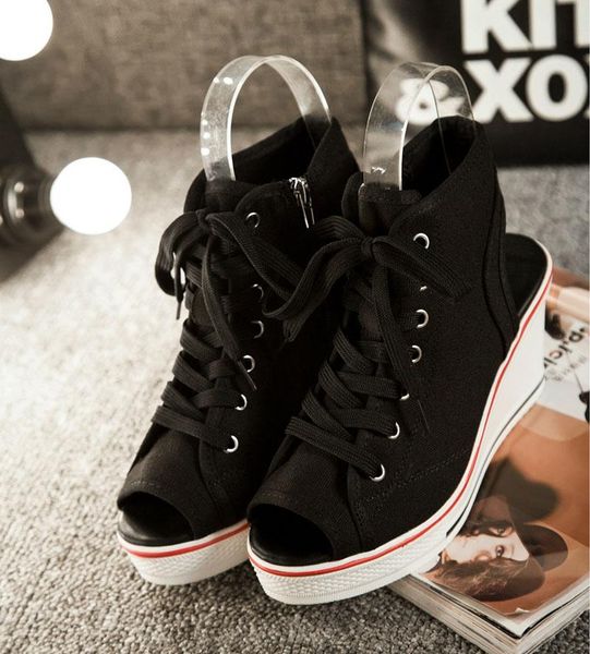 

3a 2018 summer new wedge with increased canvas shoes fish mouth zipper high heel sandals fashion versatile classic style ty-30, Black