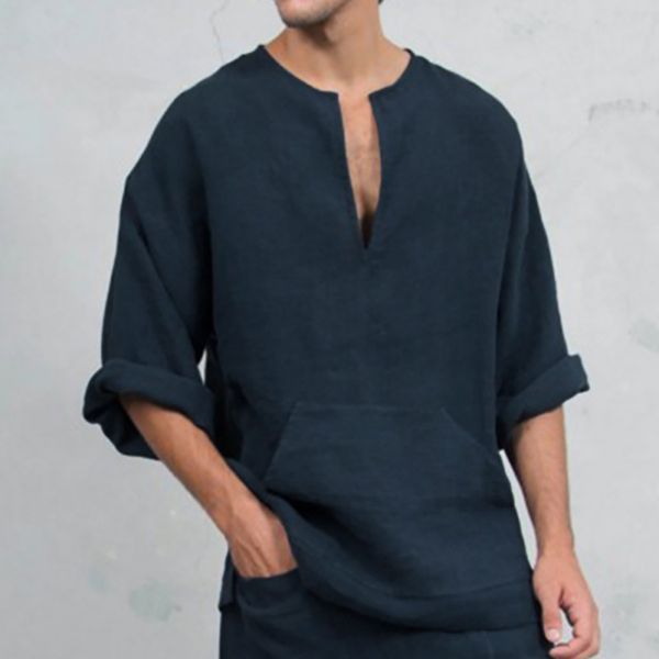 

men's linen shirt middle eastern ethnic style v-neck loose flared long sleeve solid summer, White;black