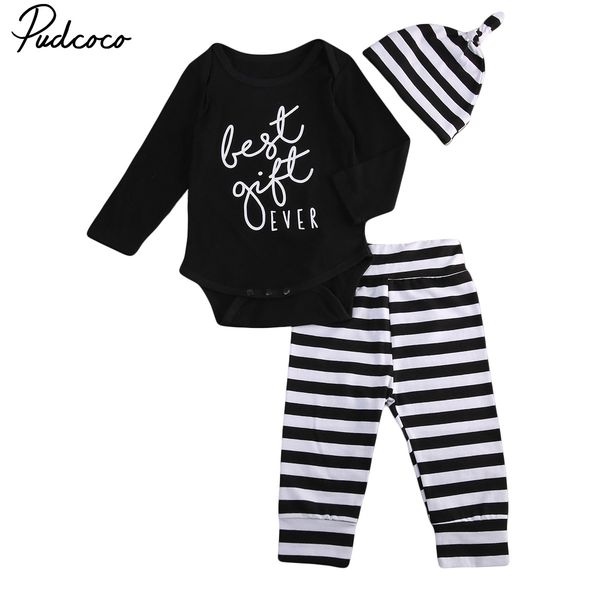 

Pudcoco Cute 3PCS Newborn 0-18M Baby Boy Girl Outfits Long Sleeve Romper+Striped Pants+Hat Clothes Set