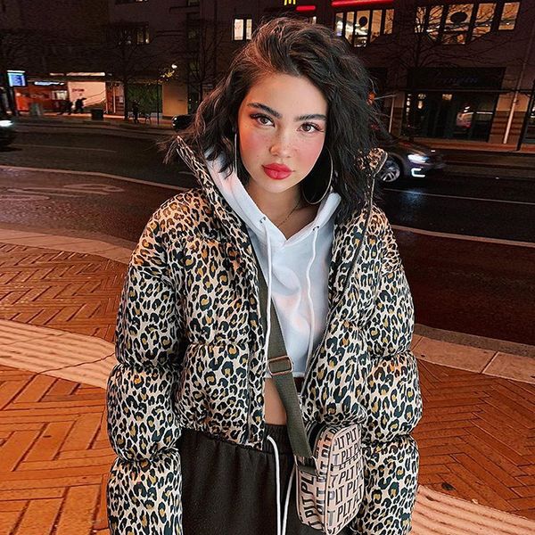 

zhymihre leopard print stand collar parkas women winter short coat long sleeve jacket abrigos mujer invierno manteau femme hiver, Black
