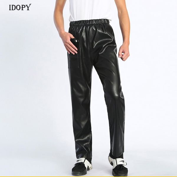 

idopy men`s pu faux leather pants outdoor comfy elastic waist windproof waterproof workwear pu trousers for male, Black