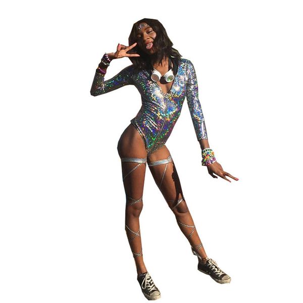 

glitter colorful laser neon bodysuit women rompers womens jumpsuit overalls body femme mujer summer long sleeve suit, Black;white