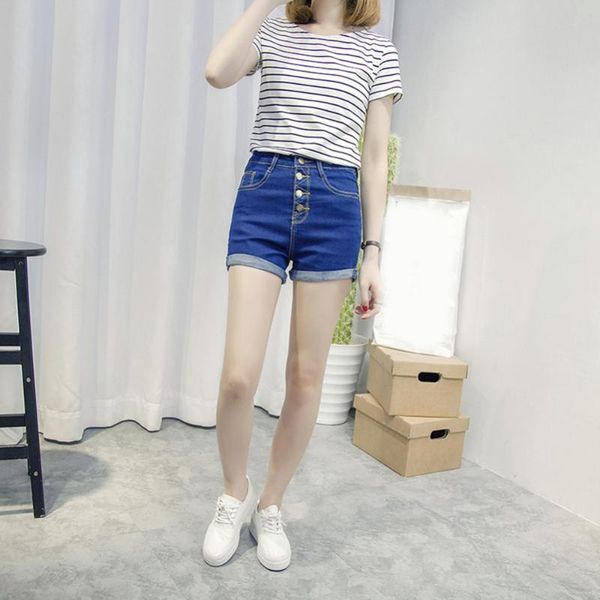 

women summer polyester fiber button high waist elastic rolled denim shorts with pockets korean style simple cool super shorts, White;black