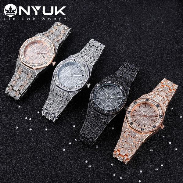 

nyuk bling diamond watch for men iced out luxury quartz watches man dress men's wristwatch silver stainless steel clock gift, Slivery;brown