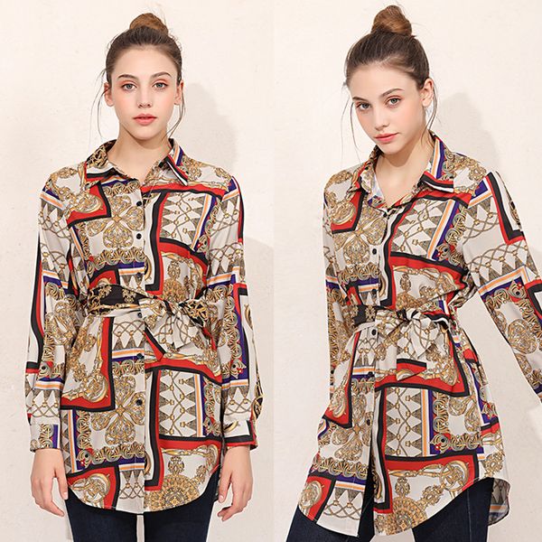 

Womens Spring Autumn Printed Blouses Lapel Neck Panelled Long Sleeve Shirts Irregular Designer Shirt